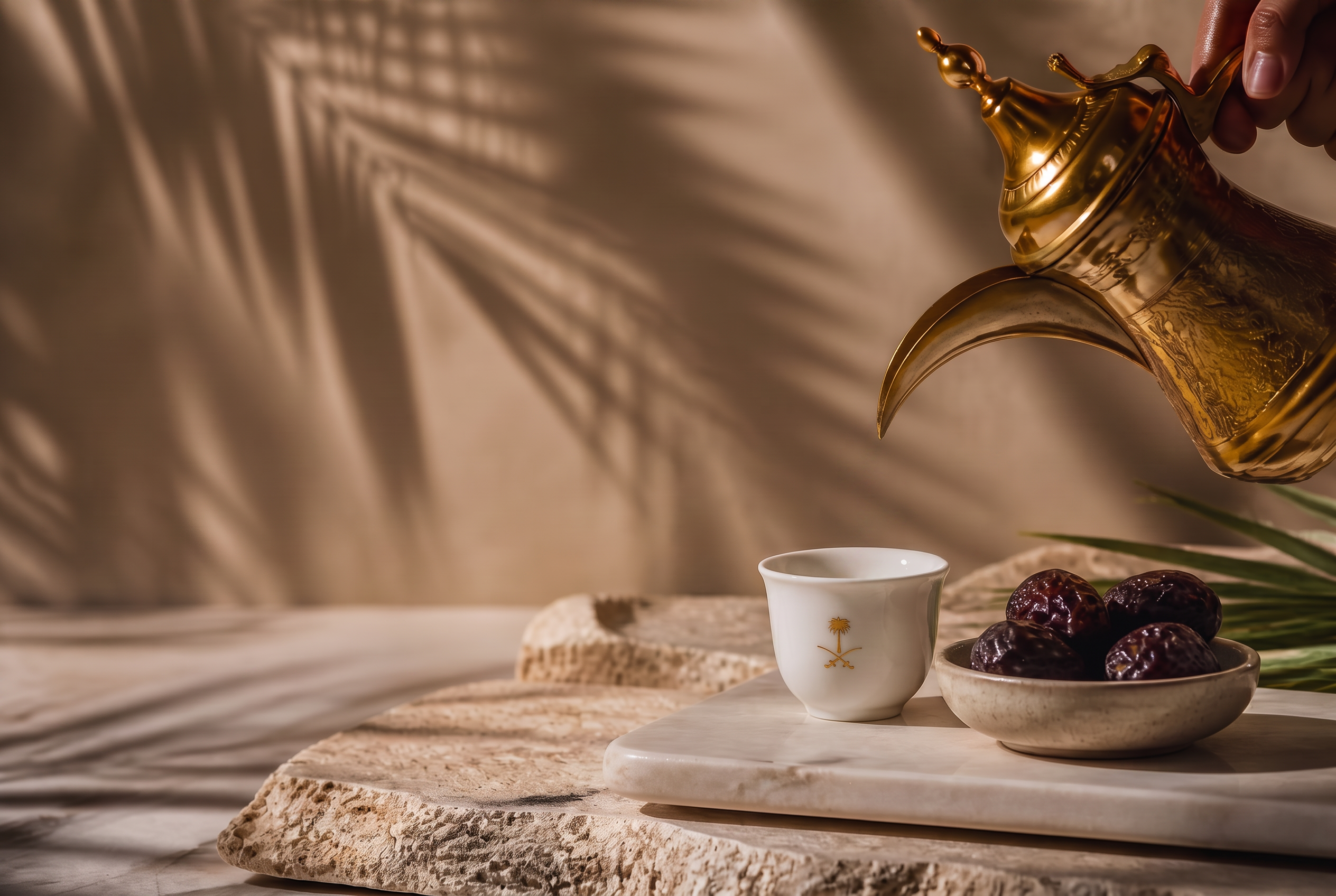 An empty Saudi finjan beside a brass dallah and fresh dates